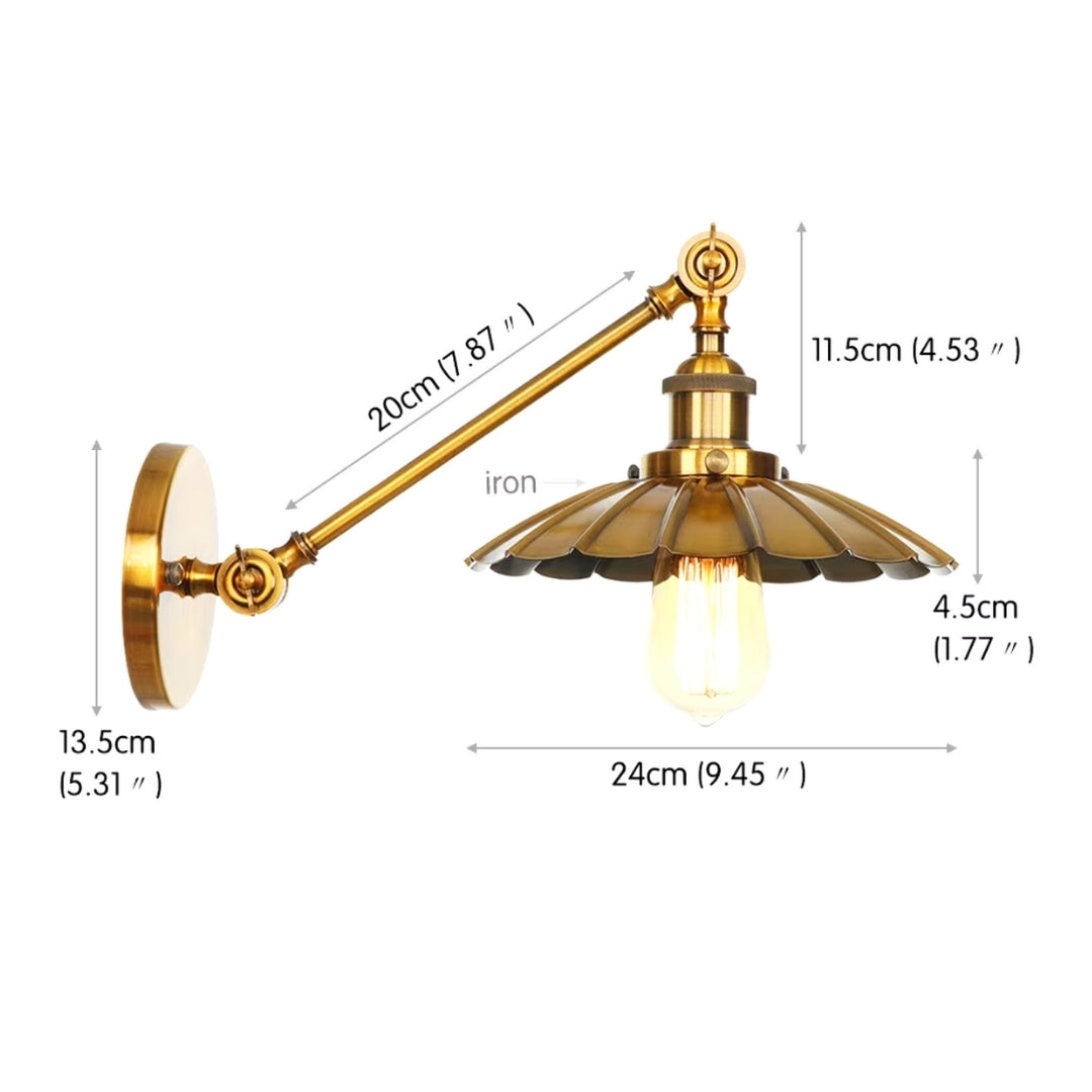 gold swing arm wall light for office or study, perfect for task lighting dimensions