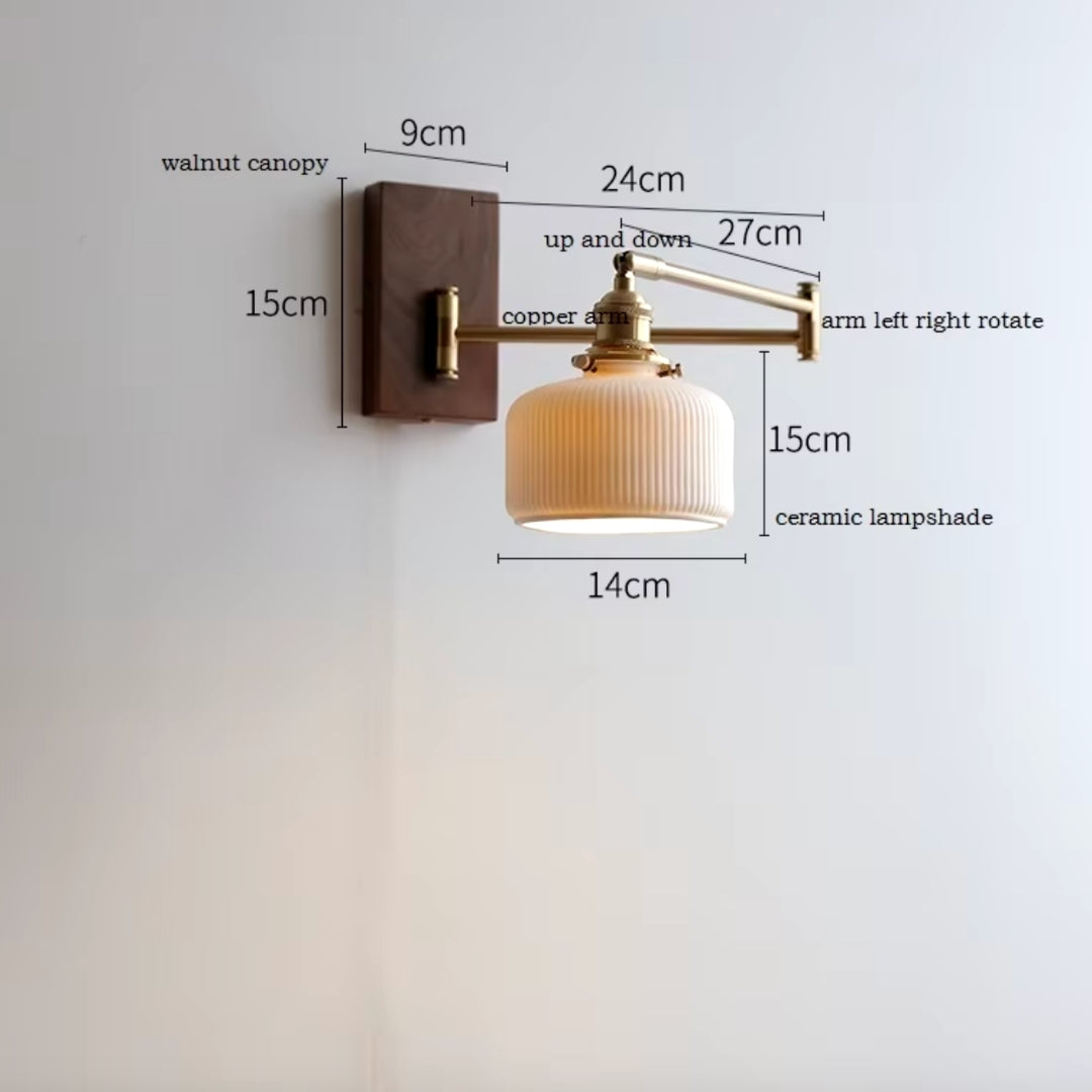 Swing arm sconce with extendable arm for flexible lighting options, ideal for reading and task lighting.