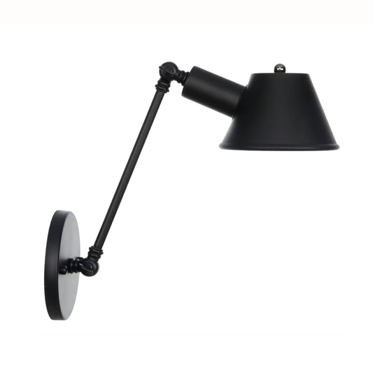 adjustable black swing arm wall light, perfect for desk or workspace lighting in an office setting